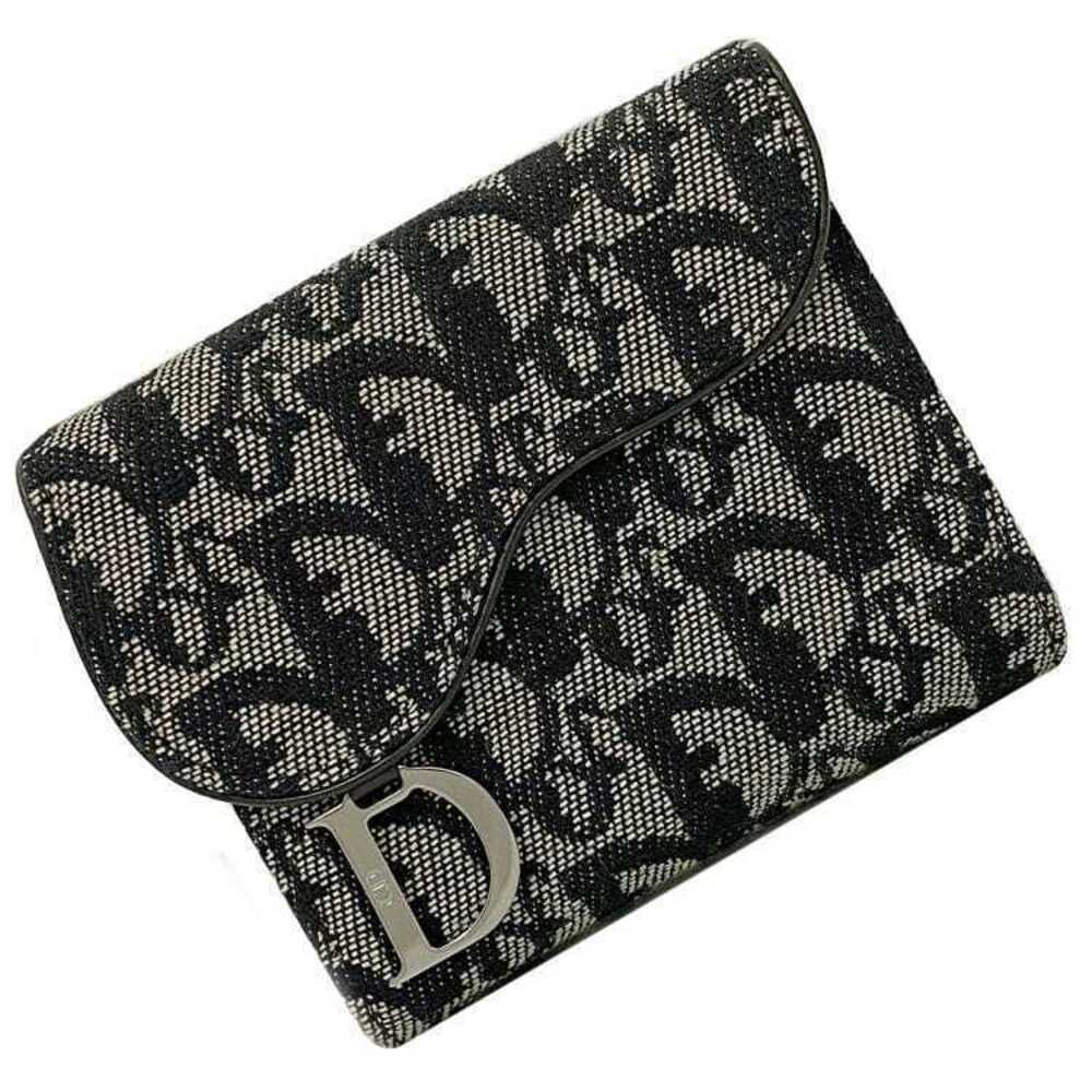 Christian Dior Bifold Wallet Saddle Trotter Canvas Leather Double Silver Black